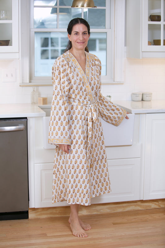 At home wearing the Stella Robe.