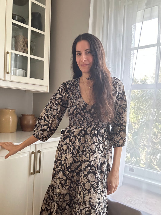 Isaura Midi Dress Sable Garden Block