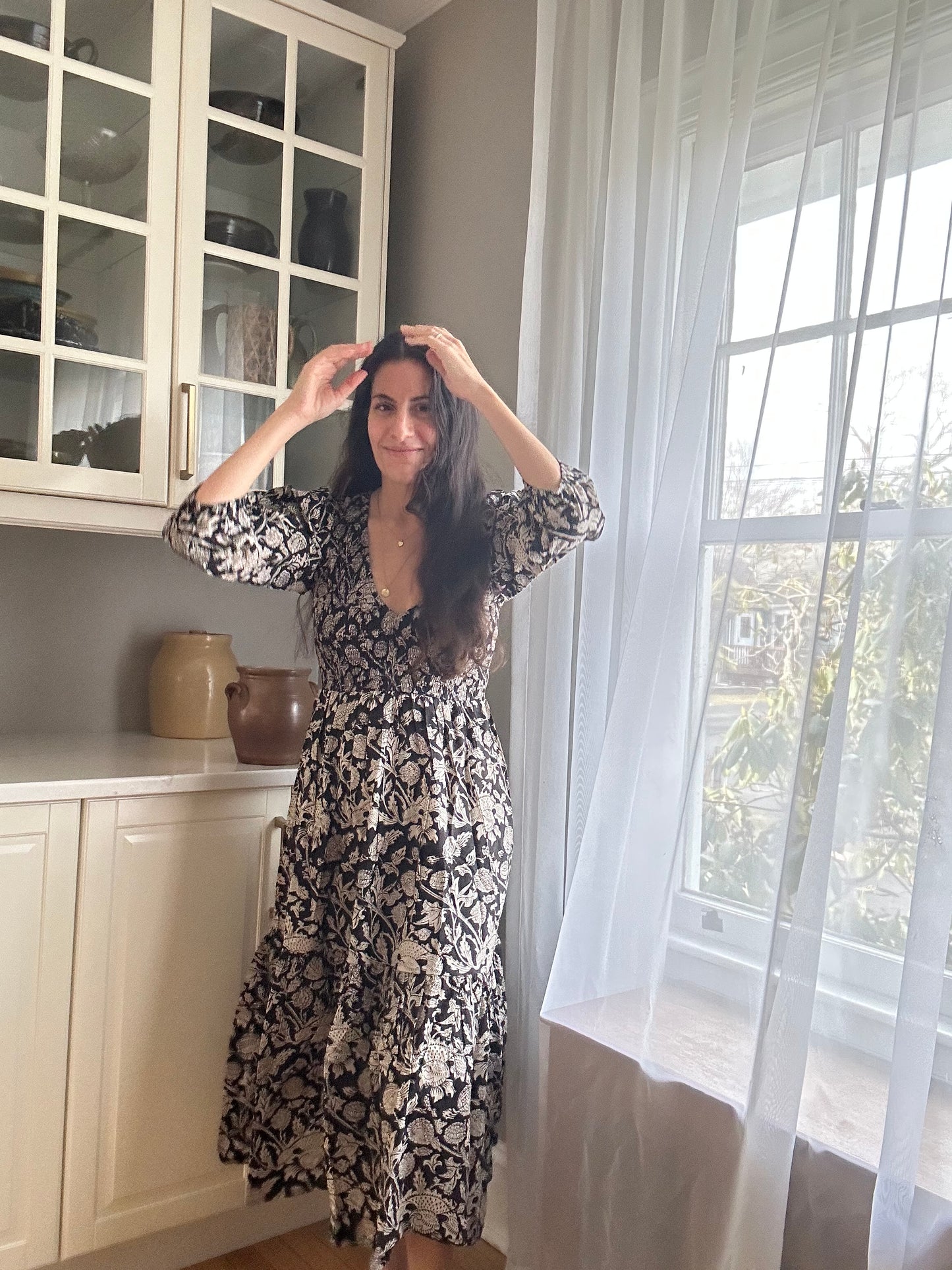 Isaura Midi Dress Sable Garden Block